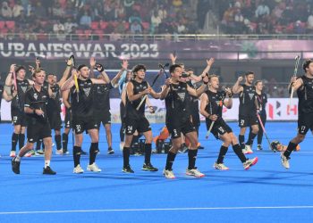 Team New Zealand celebrating after a thrilling penalty shootout win against India