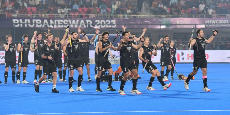 Team New Zealand celebrating after a thrilling penalty shootout win against India