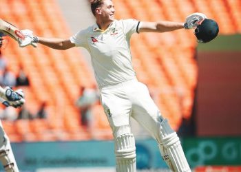 Aussie all-rounder Cameron Green celebrates his maiden Test century at Ahmedabad (Image: ICC/Twitter)