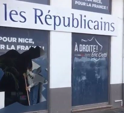 Vandalized Nice office of the president of the French Republican party (Image: Twitter)