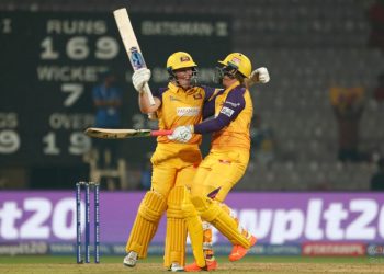 Grace Harris-Sophie Ecclestone celebrate in jubilation after winning one cracker of a match against Gujarat Giants (Image: Sophecc19/Twitter)