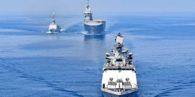 INS Sahyadri participates in maritime exercise with French Navy's FS Dixmude and FS La Fayette in Arabian Sea (Image: indiannavy/Twitter)