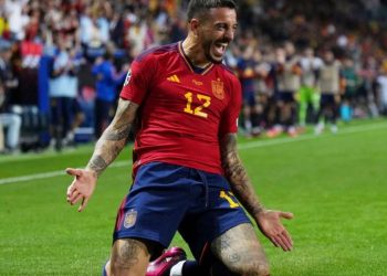 Joselu celebrates as Spain beat Norway 3-0 in the Euro 2024 qualifiers (Image: JoseluMato9/Twitter)