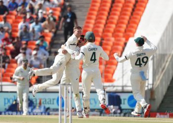 Aussies celebrate their first breakthrough of India's second innings on day 4 of Ahmedabad Test (Image: ICC/Twitter)