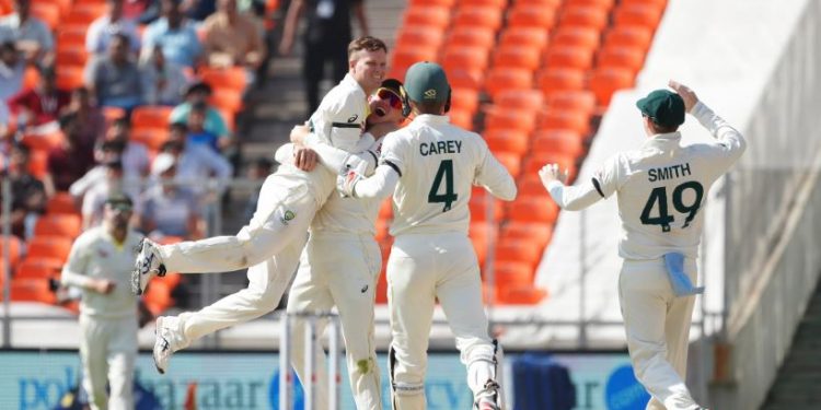 Aussies celebrate their first breakthrough of India's second innings on day 4 of Ahmedabad Test (Image: ICC/Twitter)