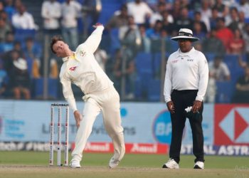 Australia's left-arm spinner Matthew Kuhnemann takes his first Test five-fer on day 1 of Indore Test against India (Image: ICC/Twitter)