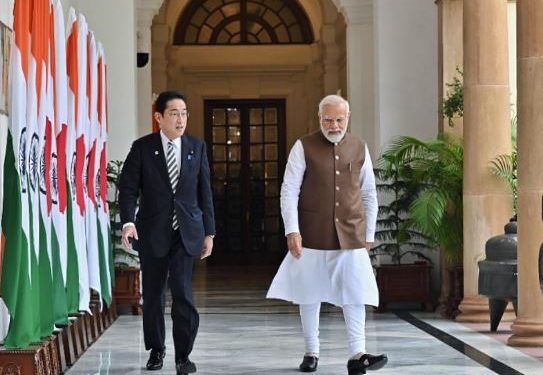 PM Modi meets his Japanese counterpart PM Kishida at Hyderabad House (Image: Twitter)