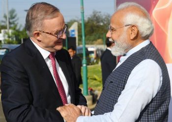 PM Narendra Modi greets his Australian counterpart PM Anthony Albanese at NMS, Ahmedabad (Image: narendramodi/Twitter)