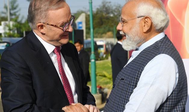 PM Narendra Modi greets his Australian counterpart PM Anthony Albanese at NMS, Ahmedabad (Image: narendramodi/Twitter)