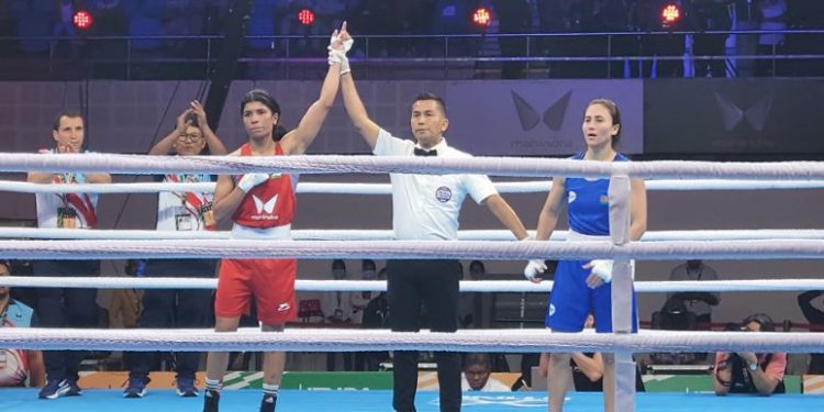 Defending champion Nikhat Zareen starts off her campaign with a win at the WBC 2023 (Image: TMurgunde/Twitter)