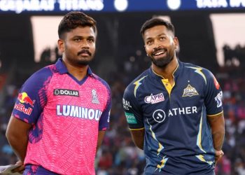 Rajasthan Royals's skipper Sanju Samson with GT's Hardik Pandya (Image: iplt20.com)