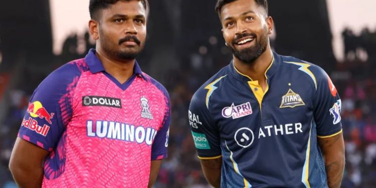 Rajasthan Royals's skipper Sanju Samson with GT's Hardik Pandya (Image: iplt20.com)