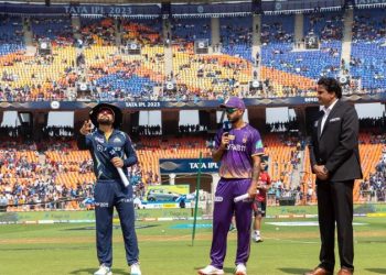 Rashid Khan and Nitish Rana at the toss before KKR-GT clash (Image: iplt20)