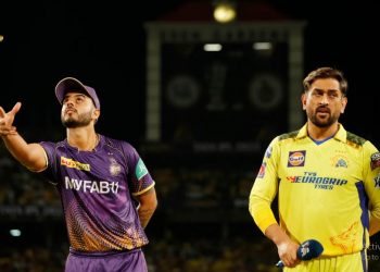 KKR skipper Nitish Rana and CSK's MS Dhoni during toss on an IPL match (Image: iplt20.com)