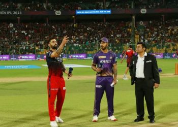 RCB skipper Virat Kohli with KKR's Nitish Rana at the toss of an IPL match (Image: iplt20.com)