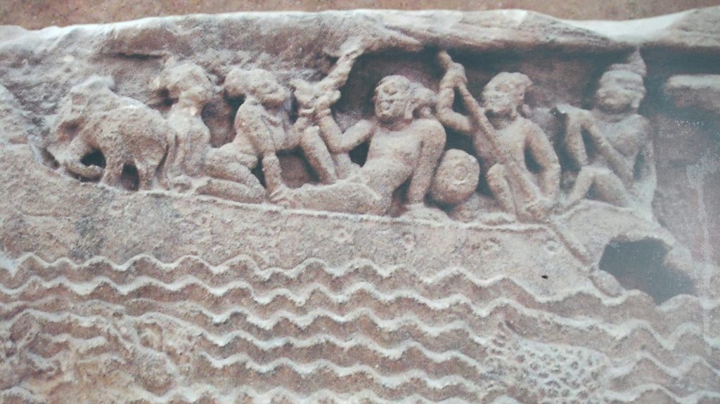 Transportation of elephant on a boat in Brahmeswar temple panel in Bhubaneswar