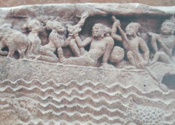 Transportation of elephant on a boat in Brahmeswar temple panel in Bhubaneswar