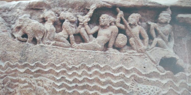 Transportation of elephant on a boat in Brahmeswar temple panel in Bhubaneswar