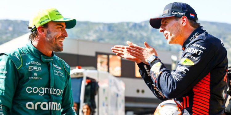 Fernando Alonso and Max Verstappen in conversation after finishing the race at Monaco Grand Prix 2023 (Image: redbullracing/Twitter)
