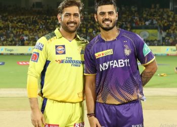 MS Dhoni and Nitish Rana during the toss of an IPL match between Chennai Super Kings and Kolkata Knight Riders (Image: iplt20.com)