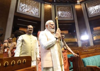 PM Narendra Modi and Lok Sabha speaker Om Birla during the inauguration ceremony of new parliament building (Image: narendramodi/Twitter)