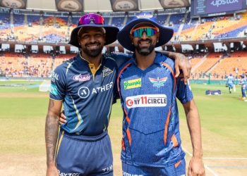 Hardik Pandya and Krunal Pandya during the toss of a match between Gujarat Titans and Lucknow Super Giants (Image: iplt20.com)