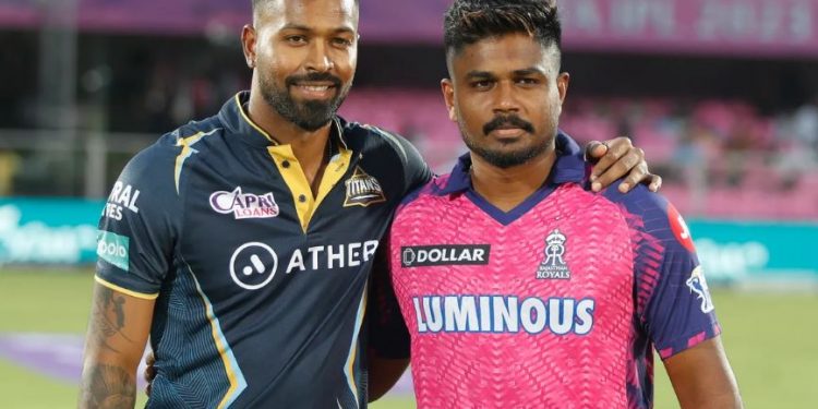 Hardik Pandya and Sanju Samson during the toss of an IPL match between GT and RR (Image: iplt20.com)