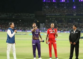 Shikhar Dhawan and Nitish Rana during the toss of an IPL match between PBKS and KKR (Image: iplt20.com)