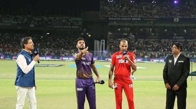 Shikhar Dhawan and Nitish Rana during the toss of an IPL match between PBKS and KKR (Image: iplt20.com)