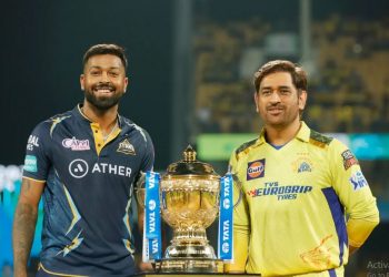 MS Dhoni and Hardik Pandya at the toss of IPL 2023 Qualifier 1 between Chennai Super Kings and Gujarat Titans (Image: iplt20.com)