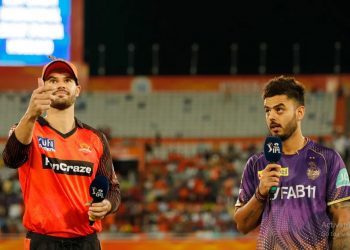 Aiden Markram and Nitish Rana during toss of an IPL match between SRH and KKR (Image: iplt20.com)