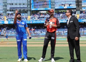 Rohit Sharma and Aiden Markram during the toss of an IPL match between Mumbai Indians and Sunrisers Hyderabad (Image: iplt20.com)