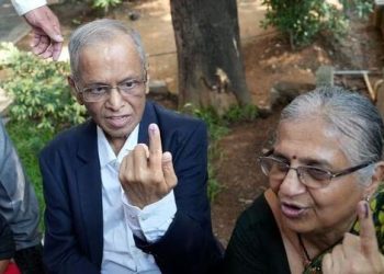 Infosys co-founder Narayana Murty with wife Sudha Murty cast their votes for the Karnataka elections 2023 (Image: PTI)