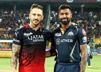 Hardik Pandya and Faf du Plessis during toss of an IPL match between Gujarat Titans and Royal Challengers Bangalore (Image: gujarat_titans/Twitter)