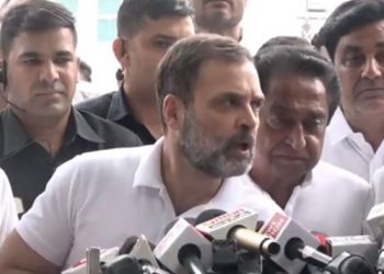 Rahul Gandhi addressing the media after Congress' poll preparedness meeting for Madhya Pradesh assembly elections 2023 at AICC headquarters (Image: Twitter)