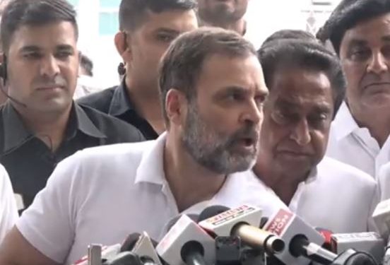 Rahul Gandhi addressing the media after Congress' poll preparedness meeting for Madhya Pradesh assembly elections 2023 at AICC headquarters (Image: Twitter)