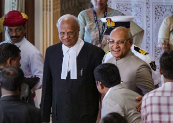 Newly appointed Bombay High Court Chief Justice Ramesh D Dhanuka with Maharashtra Governor Ramesh Bais at the swearing-in ceremony (Image: PTI)