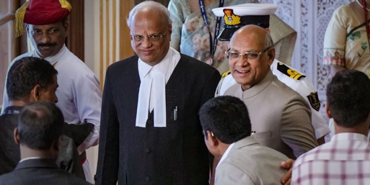 Newly appointed Bombay High Court Chief Justice Ramesh D Dhanuka with Maharashtra Governor Ramesh Bais at the swearing-in ceremony (Image: PTI)