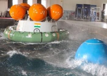 ISRO displays the functioning the Crew Module Recovery Model to Indian Navy at Water Survival Trg Facility (WSTF) at INS Garuda, Kochi. (Image: indiannavy/Twitter)