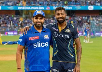 Rohit Sharma and Hardik Pandya during the toss of an IPL match between Mumbai Indians and Gujarat Titans (Image: iplt20.com)