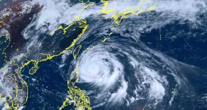 Satellite image of Typhoon Mawar moving towards South China Sea