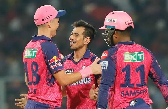 Chahal's 4/25 helps RR restrict KKR to 149/8 Kolkata: Yuzvendra Chahal became IPL's leading wicket-taker before completing a brilliant four-wicket haul as Rajasthan Royals restricted Kolkata Knight Riders to a below-par 149 for eight here Thursday. On a day RR dished out an eye-grabbing fielding display, Chahal grabbed two wickets in three balls when he dismissed KKR topscorer Venkatesh Iyer (57; 42b) and Shardul Thakur (1) in the middle overs before ending with figures of 4-0-25-4. Chahal (187 wickets) eclipsed Dwayne Bravo (183) to become the all-time leading wicket-taker of the IPL when he struck off his second ball to dismiss KKR skipper Rana (22; 17b). He ended his spell dismissing the inform Rinku Singh (16) to also become the leading wicket-taker this season with 21 wickets. Put in on a dry Eden wicket, KKR frontline batters came a cropper, as Venkatesh held the fort and returned to form with a fighting fifty. From being two off 12 balls, Venkatesh paced his innings well and raced to a 39-ball fifty. But he slashed a wide delivery from Chahal to be brilliantly caught by Trent Boult. Andre Russell (10; 10b) failed to make it big after he was promoted to No 5 and fell to KM Asif. KKR, who were 58/2 after nine overs, looked to seize the momentum after taking a strategic time out in the 10th over. Venkatesh finally broke free smashing Ashwin for back-to-back sixes, while Rana ended the over with an elegant four through extra-cover to take them to 76/2 at the midway mark. KKR looked on course for a decent total before Chahal triggered a mid-innings collapse. Earlier in the innings, two spectacular catches inside the power play set the tone for the Royals as KKR once again had a terrible start to be 37/2 in the first six overs. Both came in Trent Boult's successive overs as the Kiwi leftarm pacer returned with 2/15 from his three overs in his comeback match. First, it was Shimron Hetmyer who took a blinder to dismiss Jason Roy in the third over. Running from deep square leg, not only did Hetmyer manage to time his jump to perfection, he balanced his body from touching the rope in a split of a second. It seemed to have rubbed off on Sandeep Sharma who out of nowhere took a diving catch at midoff to send back a dangerous-looking Rahmanullah Gurbaz in the fifth over. Venkatesh dragged the team further behind playing a Test-match like innings. He swung his bat hard, stepped out but nothing seemed to be coming off from his bat, while Royals gave it all in the field. RR fielders were also brilliant on the field and saved at least 15-20 runs. PTI IPL, KKR, RR