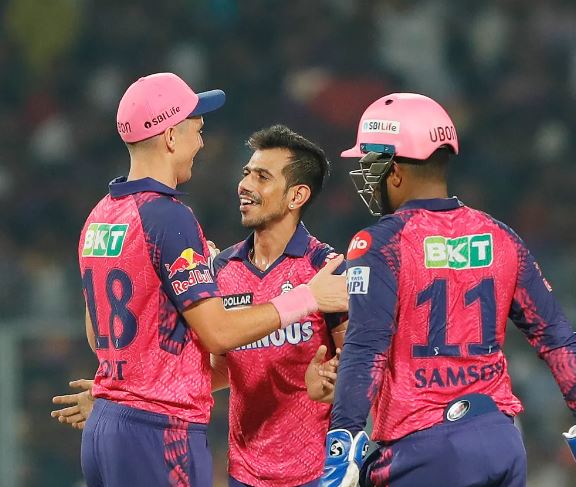 Chahal's 4/25 helps RR restrict KKR to 149/8 Kolkata: Yuzvendra Chahal became IPL's leading wicket-taker before completing a brilliant four-wicket haul as Rajasthan Royals restricted Kolkata Knight Riders to a below-par 149 for eight here Thursday. On a day RR dished out an eye-grabbing fielding display, Chahal grabbed two wickets in three balls when he dismissed KKR topscorer Venkatesh Iyer (57; 42b) and Shardul Thakur (1) in the middle overs before ending with figures of 4-0-25-4. Chahal (187 wickets) eclipsed Dwayne Bravo (183) to become the all-time leading wicket-taker of the IPL when he struck off his second ball to dismiss KKR skipper Rana (22; 17b). He ended his spell dismissing the inform Rinku Singh (16) to also become the leading wicket-taker this season with 21 wickets. Put in on a dry Eden wicket, KKR frontline batters came a cropper, as Venkatesh held the fort and returned to form with a fighting fifty. From being two off 12 balls, Venkatesh paced his innings well and raced to a 39-ball fifty. But he slashed a wide delivery from Chahal to be brilliantly caught by Trent Boult. Andre Russell (10; 10b) failed to make it big after he was promoted to No 5 and fell to KM Asif. KKR, who were 58/2 after nine overs, looked to seize the momentum after taking a strategic time out in the 10th over. Venkatesh finally broke free smashing Ashwin for back-to-back sixes, while Rana ended the over with an elegant four through extra-cover to take them to 76/2 at the midway mark. KKR looked on course for a decent total before Chahal triggered a mid-innings collapse. Earlier in the innings, two spectacular catches inside the power play set the tone for the Royals as KKR once again had a terrible start to be 37/2 in the first six overs. Both came in Trent Boult's successive overs as the Kiwi leftarm pacer returned with 2/15 from his three overs in his comeback match. First, it was Shimron Hetmyer who took a blinder to dismiss Jason Roy in the third over. Running from deep square leg, not only did Hetmyer manage to time his jump to perfection, he balanced his body from touching the rope in a split of a second. It seemed to have rubbed off on Sandeep Sharma who out of nowhere took a diving catch at midoff to send back a dangerous-looking Rahmanullah Gurbaz in the fifth over. Venkatesh dragged the team further behind playing a Test-match like innings. He swung his bat hard, stepped out but nothing seemed to be coming off from his bat, while Royals gave it all in the field. RR fielders were also brilliant on the field and saved at least 15-20 runs. PTI IPL, KKR, RR
