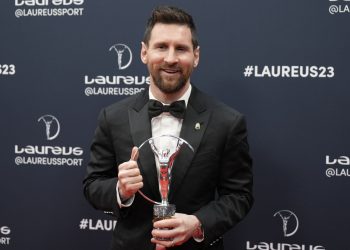 Argentine soccer player Lionel Messi poses after he was presented the award for sportsperson of the year at the Laureus Sports Awards ceremony in Paris, Monday, May 8, 2023. (AP Photo/Lewis Joly)