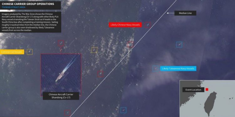 Chinese Aircraft Carrier Shandong (Cv-17) near China - Taiwan Median Line in South China Sea