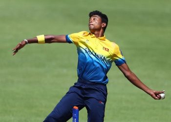 BENONI, SOUTH AFRICA - FEBRUARY 03: Dilshan Madushanka of Sri Lanka in action during the ICC U19 Cricket World Cup Plate Final match between Sri Lanka and England at Willowmoore Park on February 03, 2020 in Benoni, South Africa. (Photo by Matthew Lewis-ICC/ICC via Getty Images)
