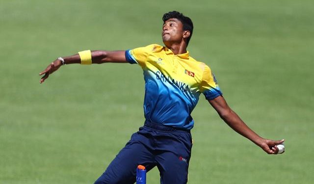BENONI, SOUTH AFRICA - FEBRUARY 03: Dilshan Madushanka of Sri Lanka in action during the ICC U19 Cricket World Cup Plate Final match between Sri Lanka and England at Willowmoore Park on February 03, 2020 in Benoni, South Africa. (Photo by Matthew Lewis-ICC/ICC via Getty Images)