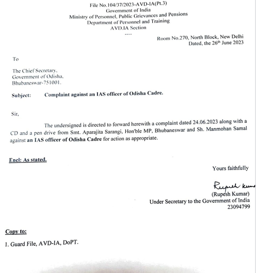 DoPT urges Odisha chief secretary to take action on MP's complaint against IAS officer