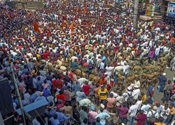 People gather to protest against the alleged use of Tipu Sultan’s image in social media posts in Kolhapur district June 7, 2023. (PTI)