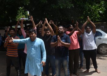 JE (Civil) aspirants demonstrate in front of OSSC office in Bhubaneswar over question paper leak